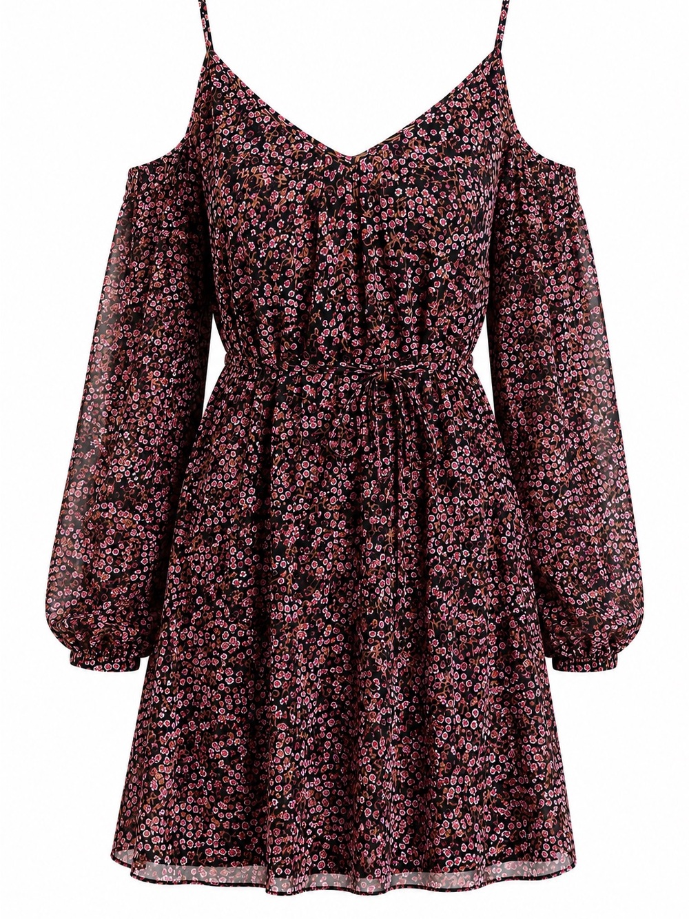 PAIGE Black Mini Dress with Pink Floral Print Cold Shoulder Size S